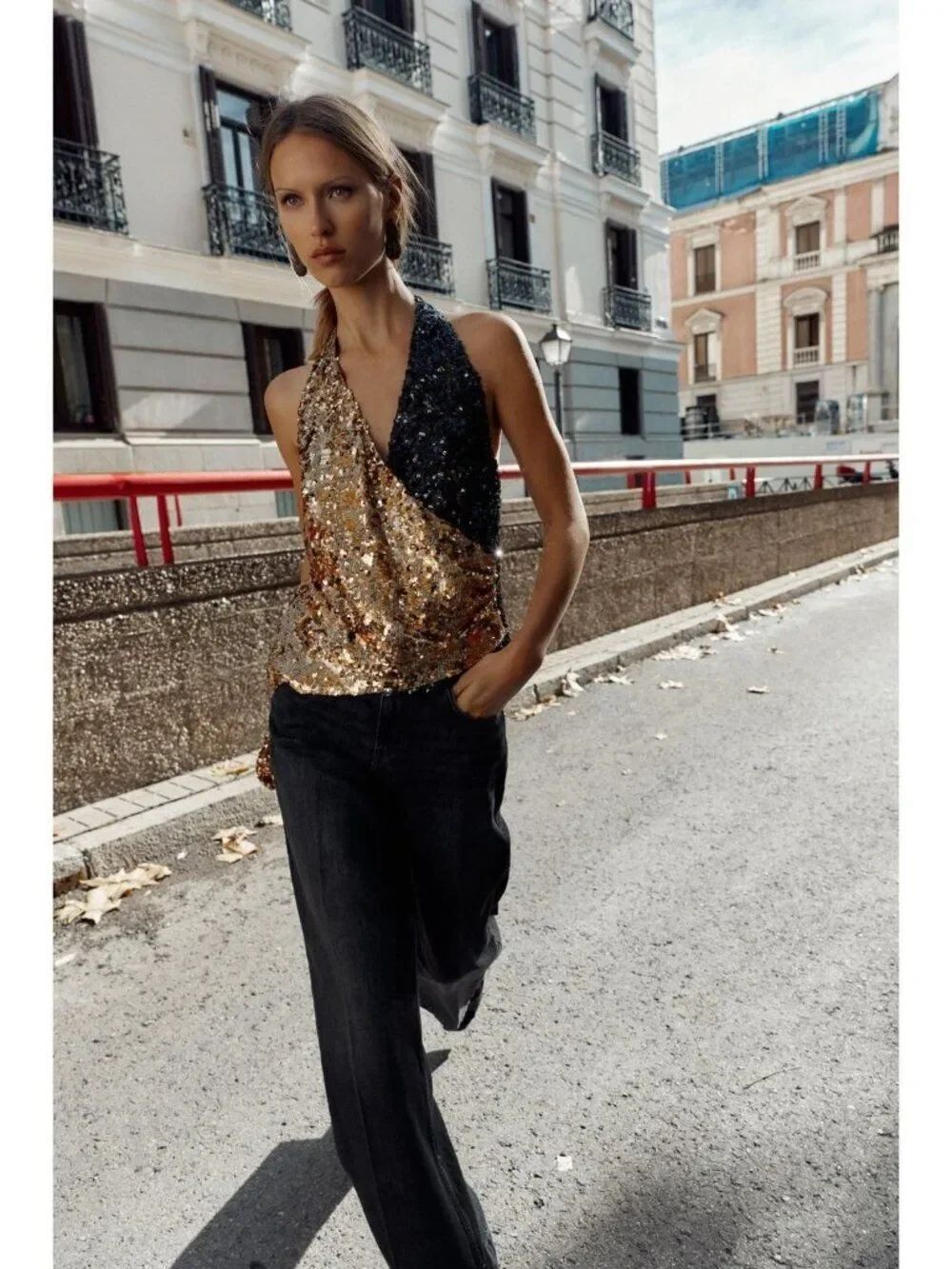 Zara Womens Top XS Gold Black Combined Sequin Halter Festive Days 9956/861 NWT